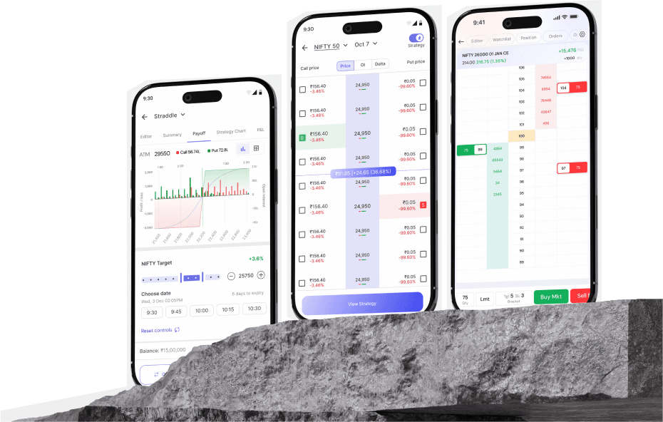 OptionX Mobile App showing the strategy payoff, option chain and price ladder screens